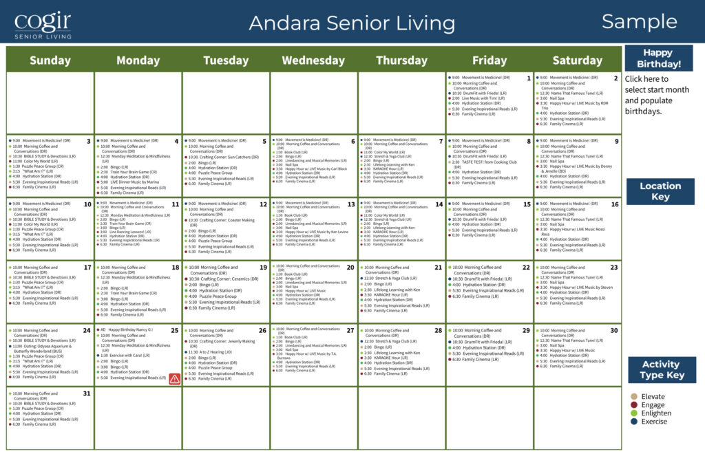 Monthly activity calendar for Andara Senior Living showcasing diverse community events and gatherings.