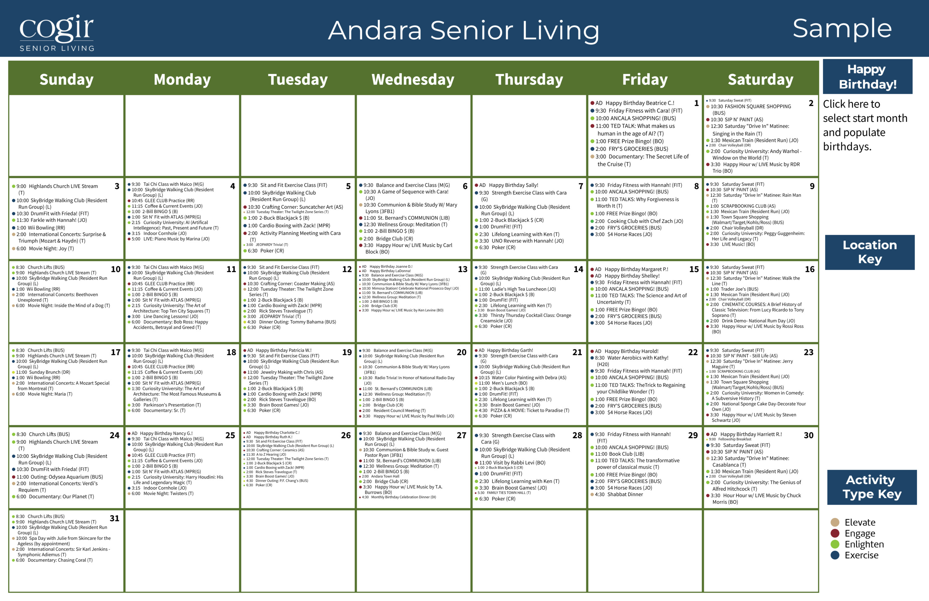 Monthly activity calendar showcasing diverse engaging events for community and well-being at Andara Senior Living.