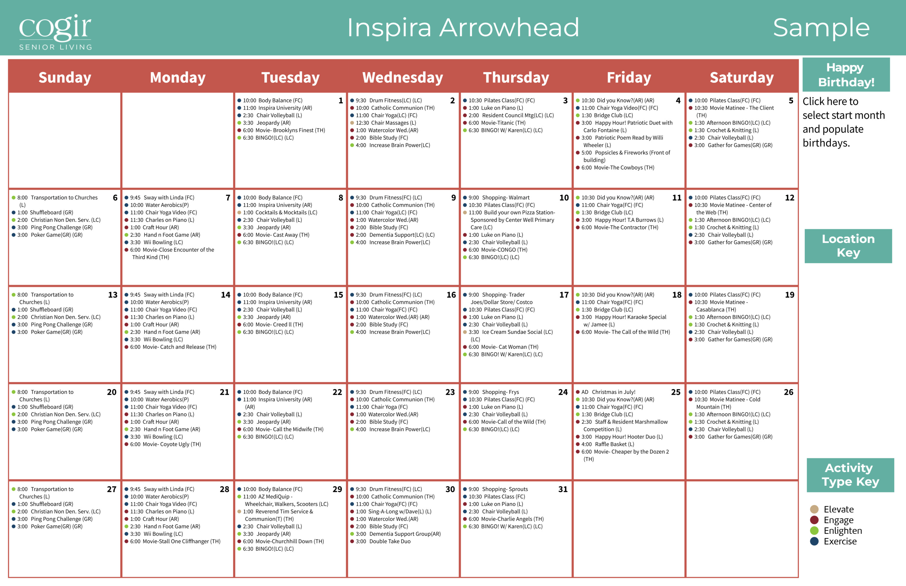 Bright, organized monthly calendar showcasing varied activities promoting engagement and wellness.