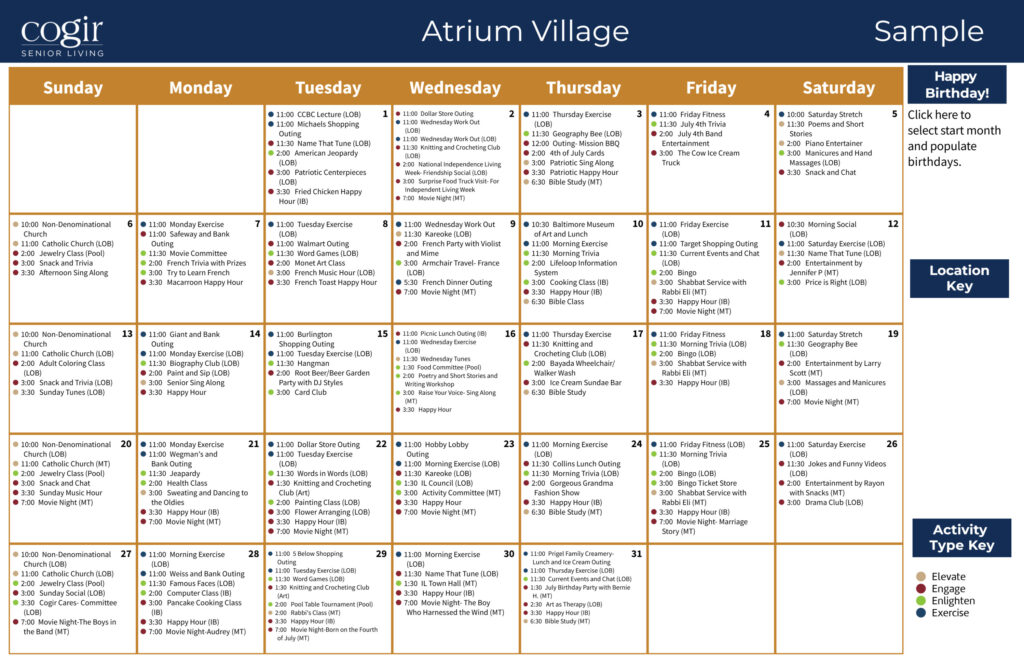 Weekly calendar displaying a variety of engaging activities for residents at Atrium Village community.