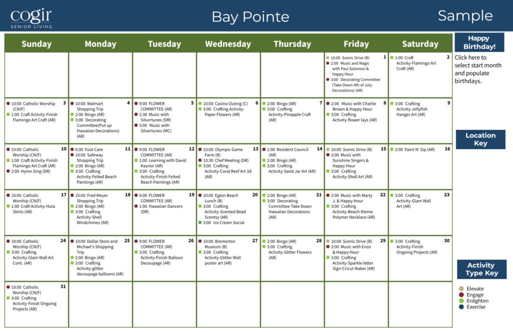 Monthly calendar displaying diverse activities for seniors at Bay Pointe community.