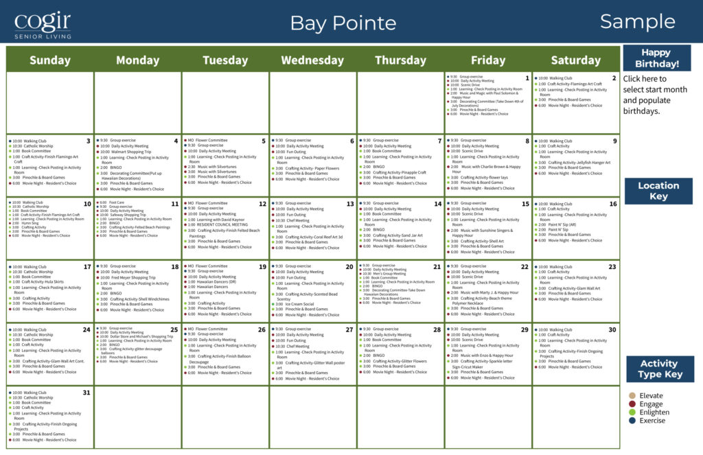 Monthly activity calendar showcasing diverse social, creative, and wellness events for community engagement.