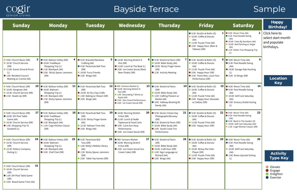 Monthly activity calendar showcasing diverse social, recreational, and wellness events for residents.