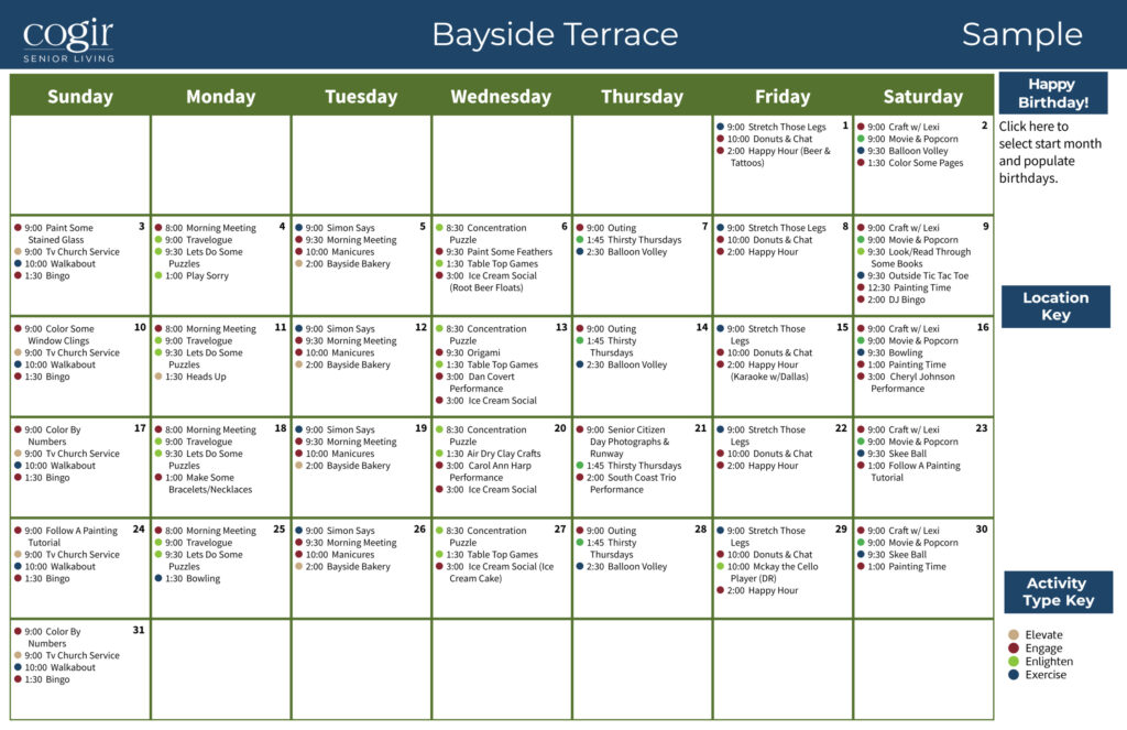 Weekly activity calendar for Bayside Terrace featuring diverse fitness, craft, and social events.
