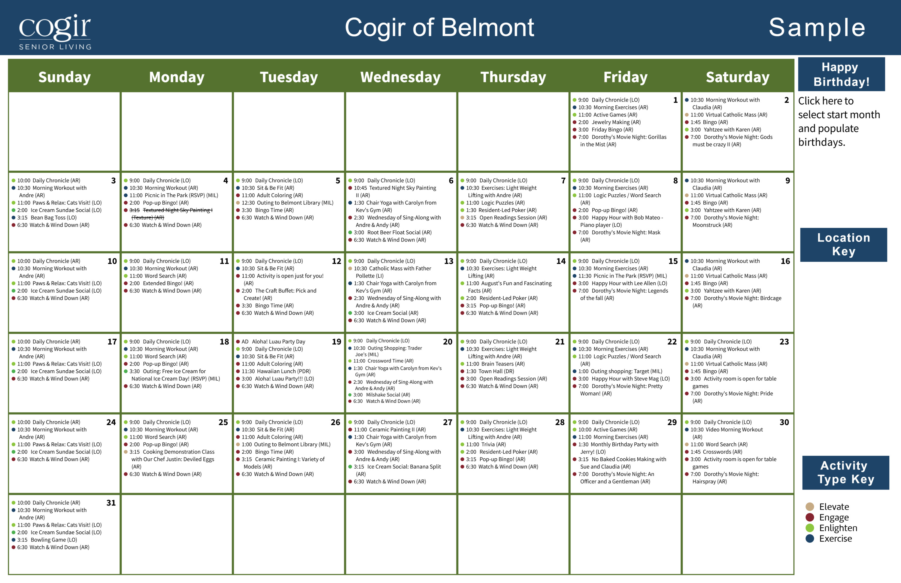 Weekly activity calendar showcasing diverse social, fitness, and creative events for residents’ engagement.
