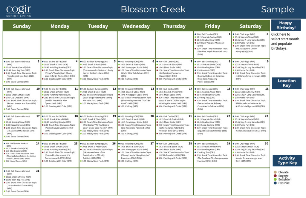 Monthly activity calendar featuring diverse fitness, social, and creative events fostering community and engagement.