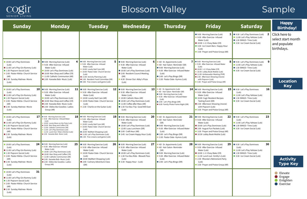 Monthly activity calendar for Blossom Valley showing diverse social, recreational, and wellness events.