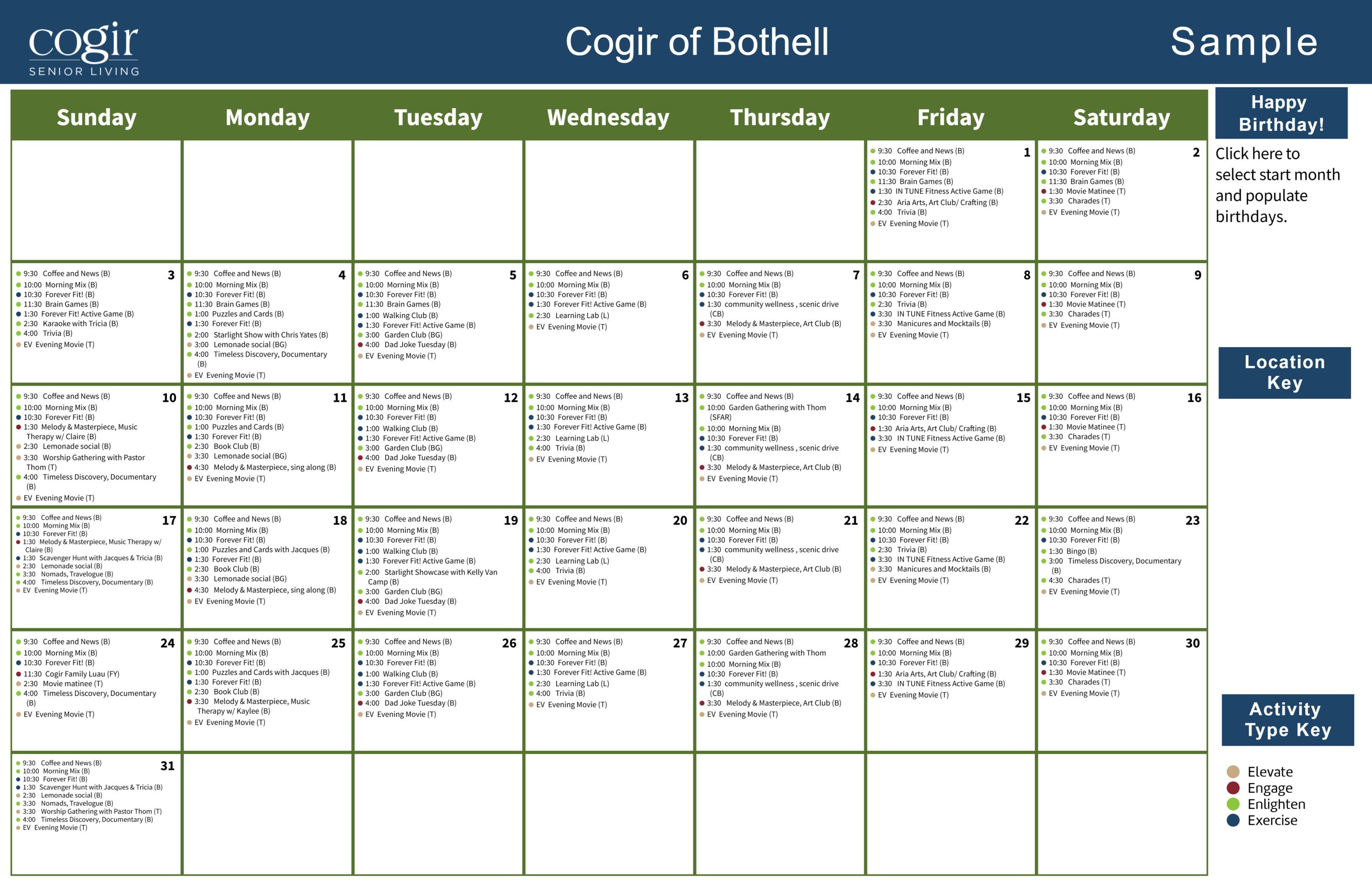 A detailed monthly activity calendar showcasing diverse programs for senior engagement and wellness.