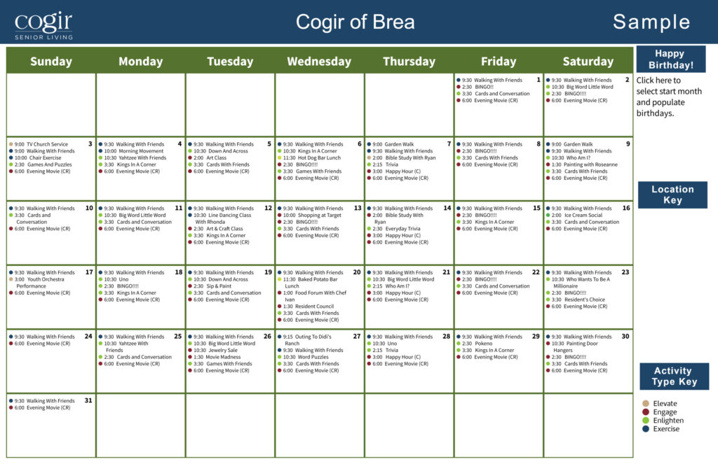 Monthly activity calendar showcasing diverse social, fitness, and leisure events for residents.