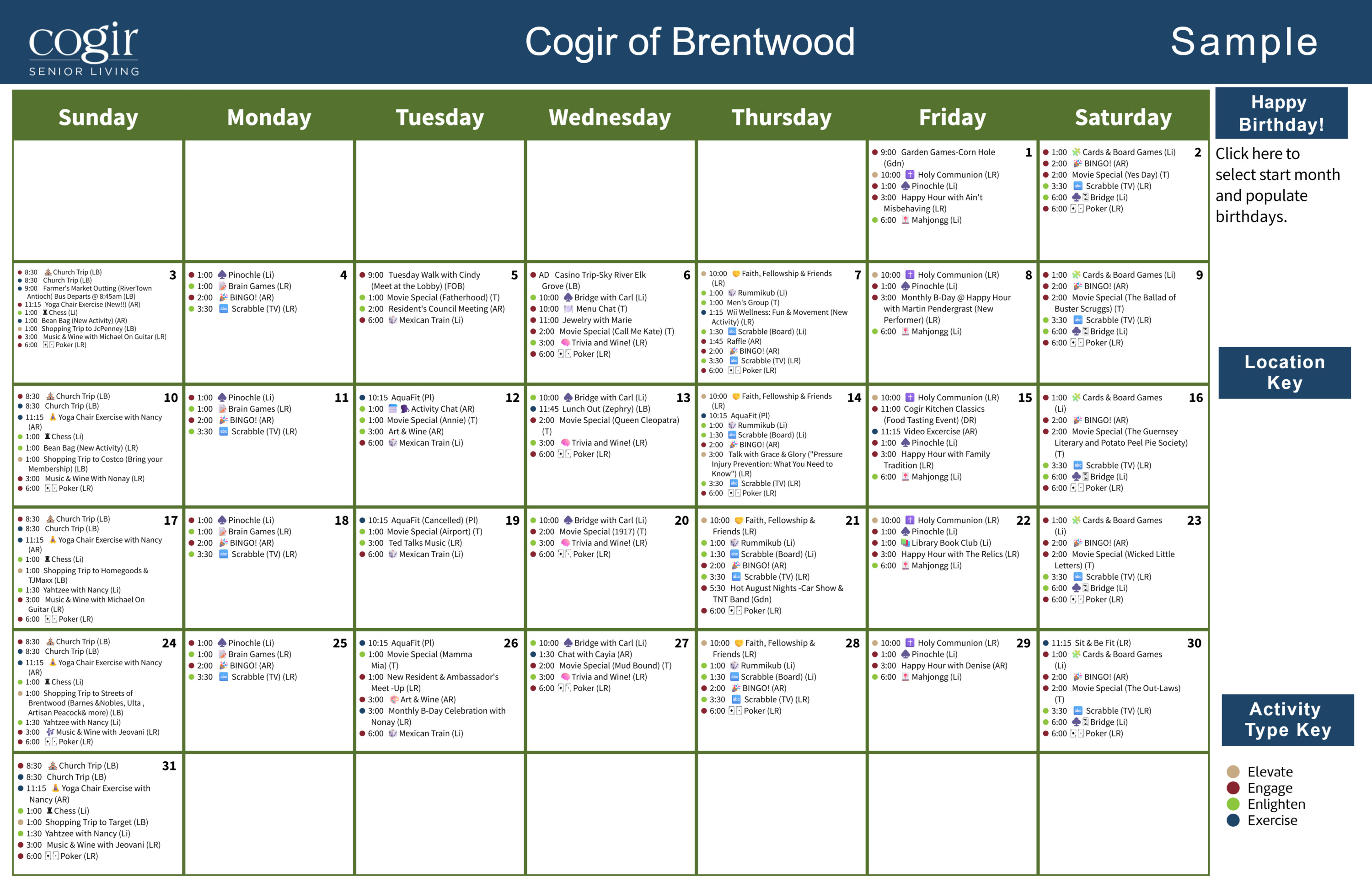 Monthly activity calendar showing diverse events promoting engagement and community at Brentwood.