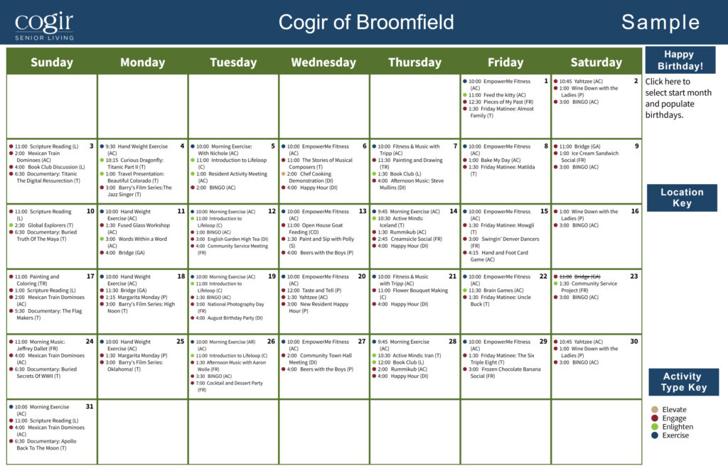 Weekly activity calendar showcasing diverse social, fitness, and educational events for residents.