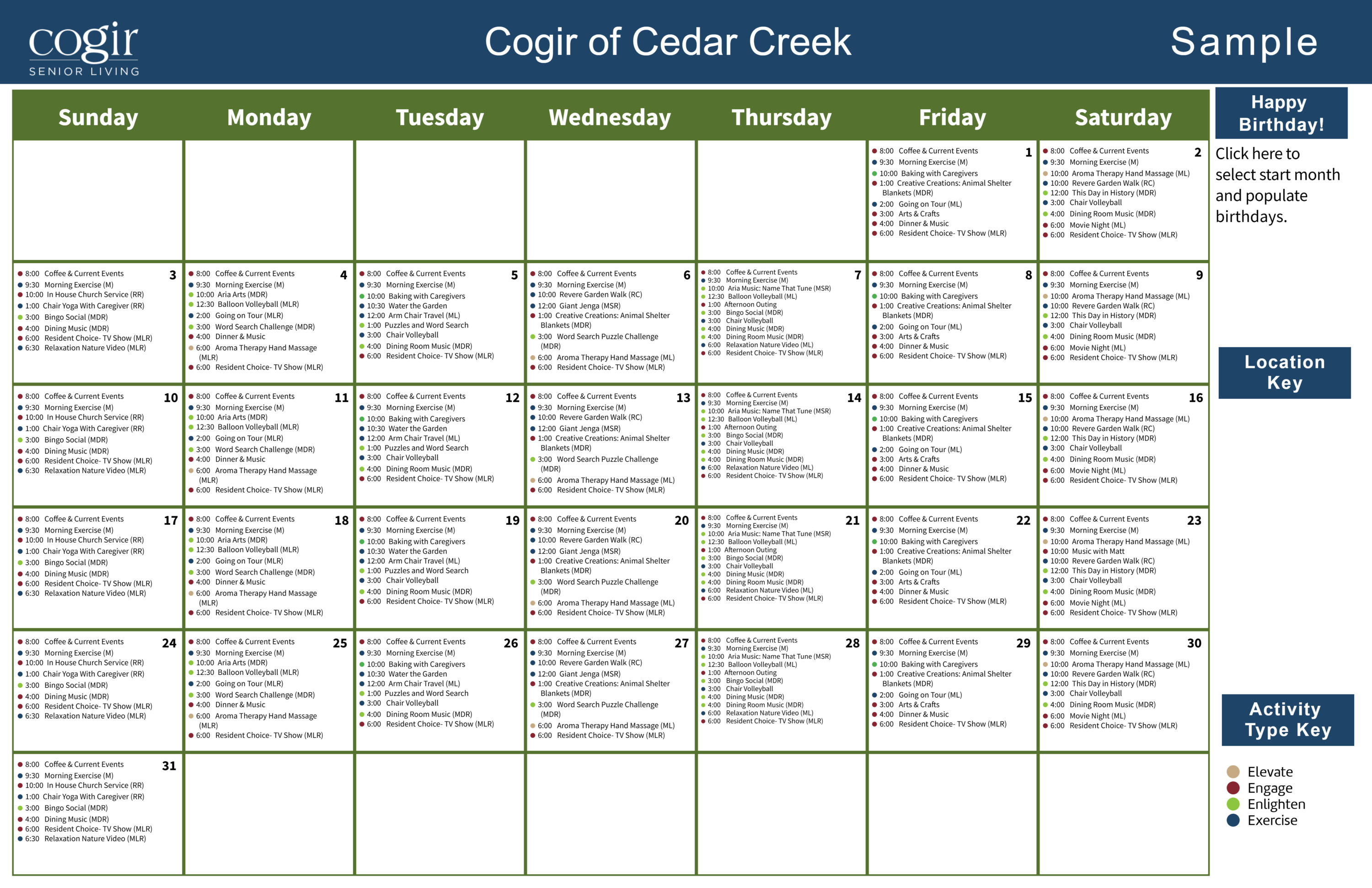 Weekly activity calendar showcasing diverse events for residents at a vibrant senior community.