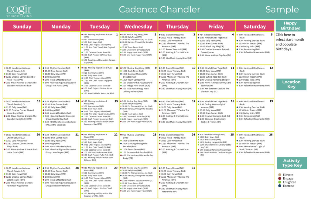 Monthly activity calendar featuring diverse events promoting engagement, wellness, and connection in senior living.