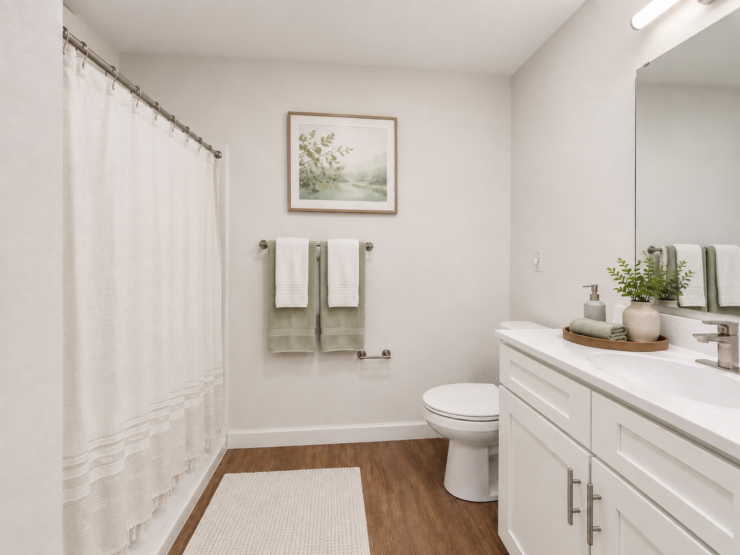 Bright, clean bathroom with warm wood flooring and soft green accents for a peaceful feel.