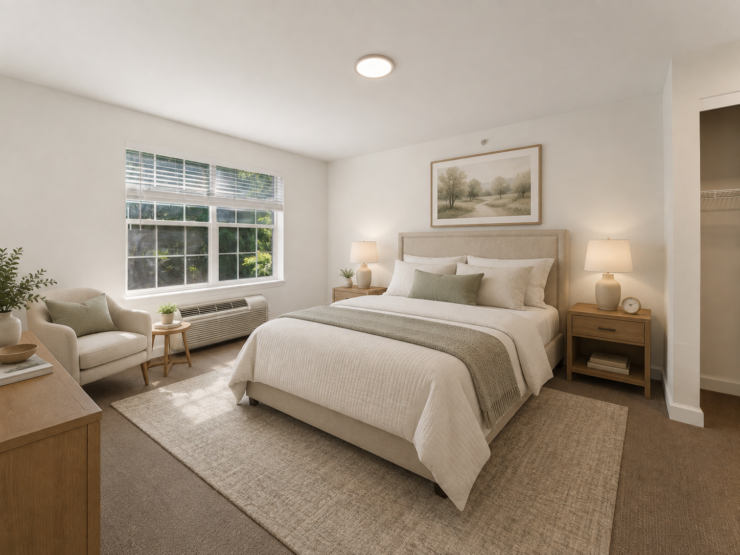 Bright and inviting bedroom with comfortable seating and calming neutral decor.