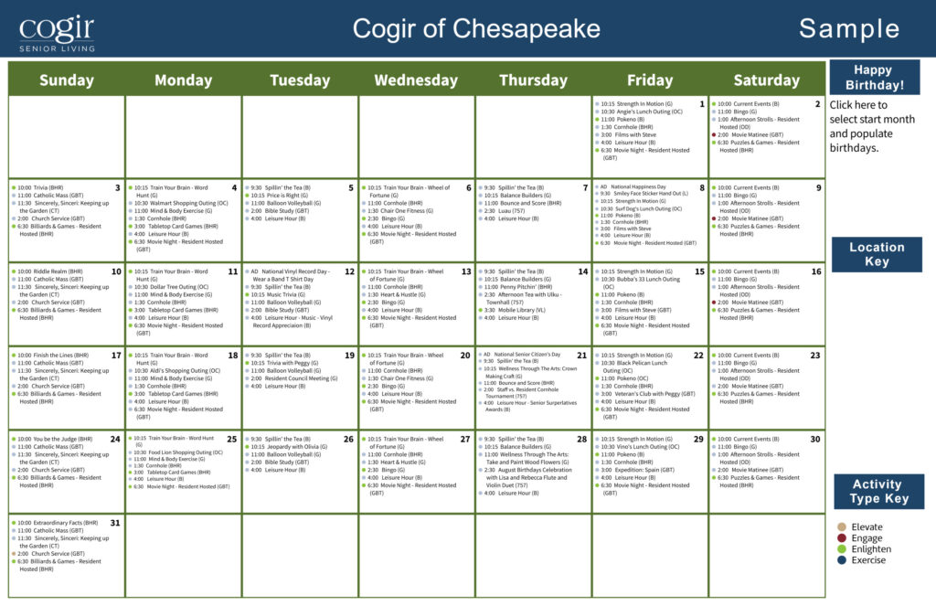 Monthly activity calendar showcasing diverse social, fitness, and leisure events for senior community engagement.
