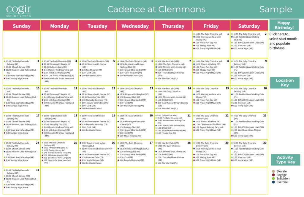 Weekly activity calendar showcasing a vibrant, engaging community life at Cadence at Clemmons.