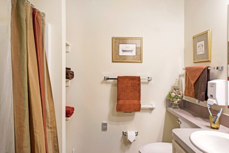 Bathroom with warm earth tones, accessible features, and gentle lighting for comfort and safety.
