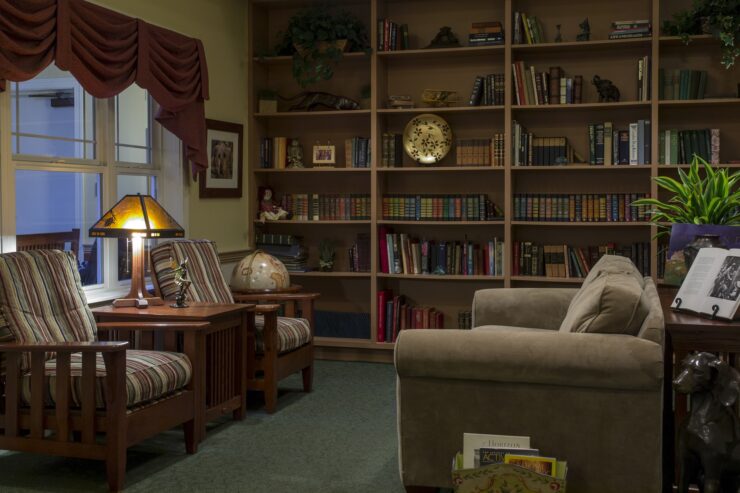 Inviting library space with comfortable seating, warm lighting, and shelves filled with books and decor.