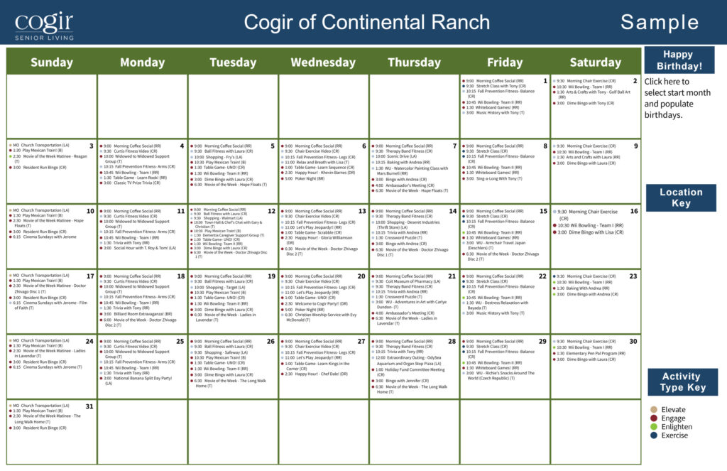 Weekly activity calendar showcasing diverse social, fitness, and recreational events for residents.