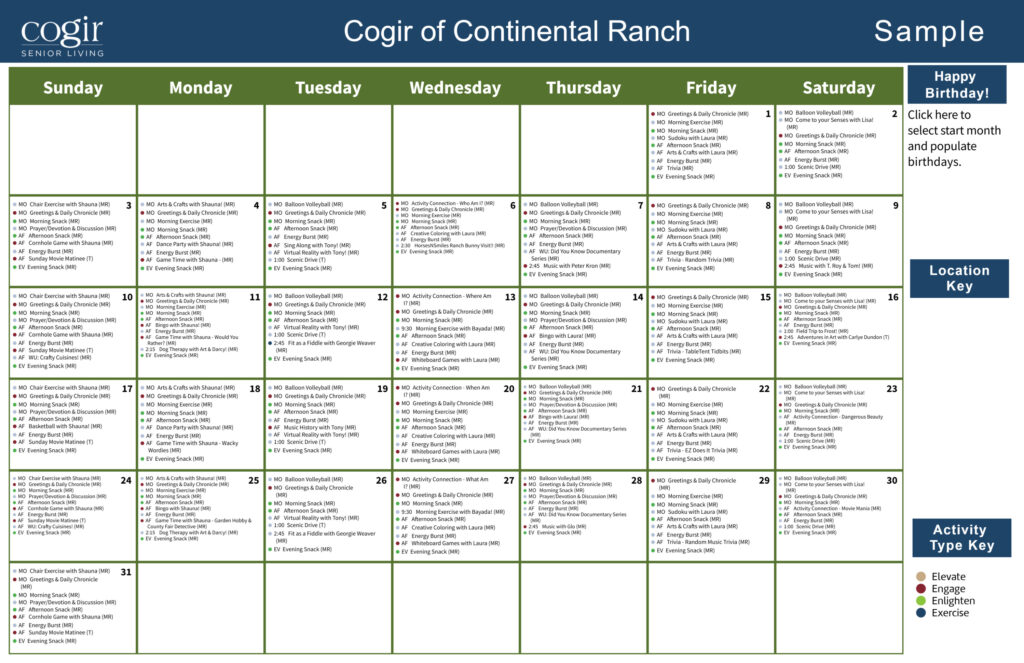 Weekly activity calendar showcasing diverse social, creative, and wellness programs for seniors.