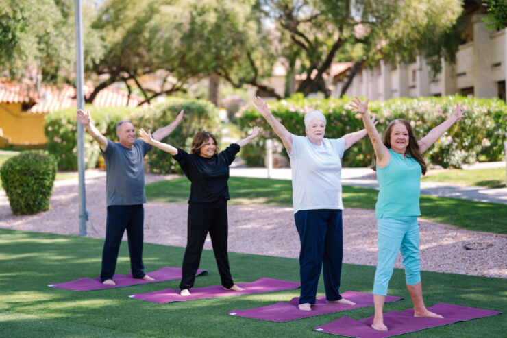 Seniors enjoying a group exercise session outdoors on a sunny day, fostering wellness and friendship.