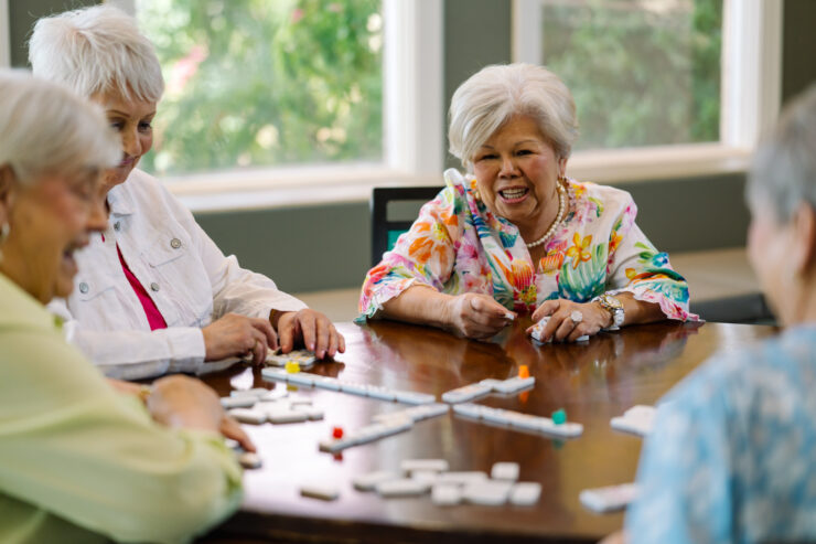 Seniors enjoying a lively game around a sunlit table in a welcoming community room.