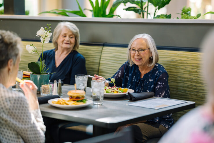 Seniors enjoy a lively meal together in a bright, welcoming dining area with greenery.