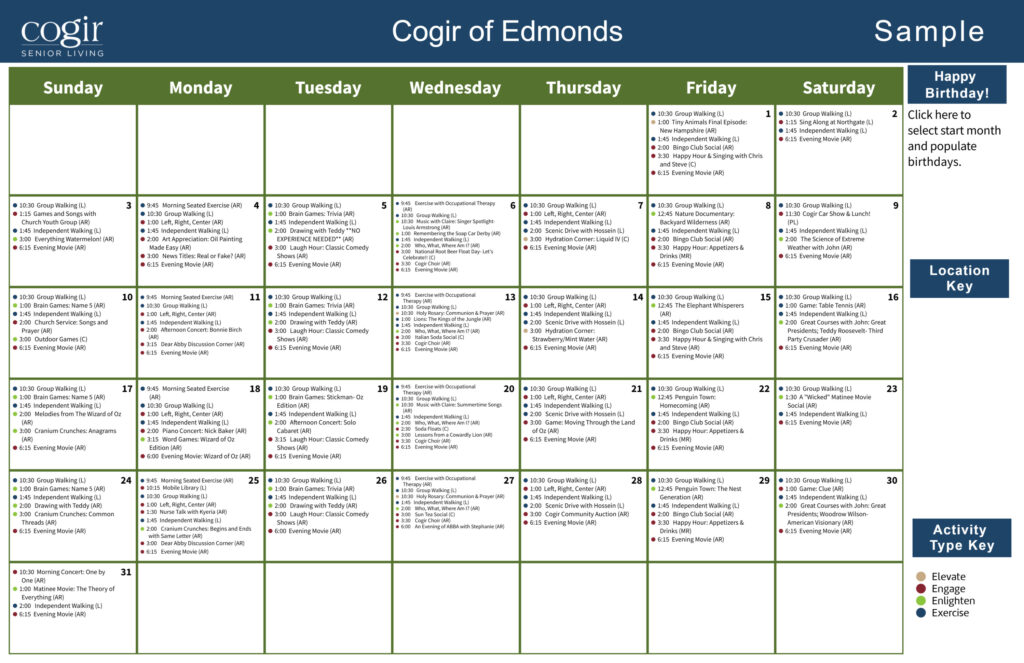 Activity calendar showcasing a variety of engaging and social events for seniors at Cogir of Edmonds.