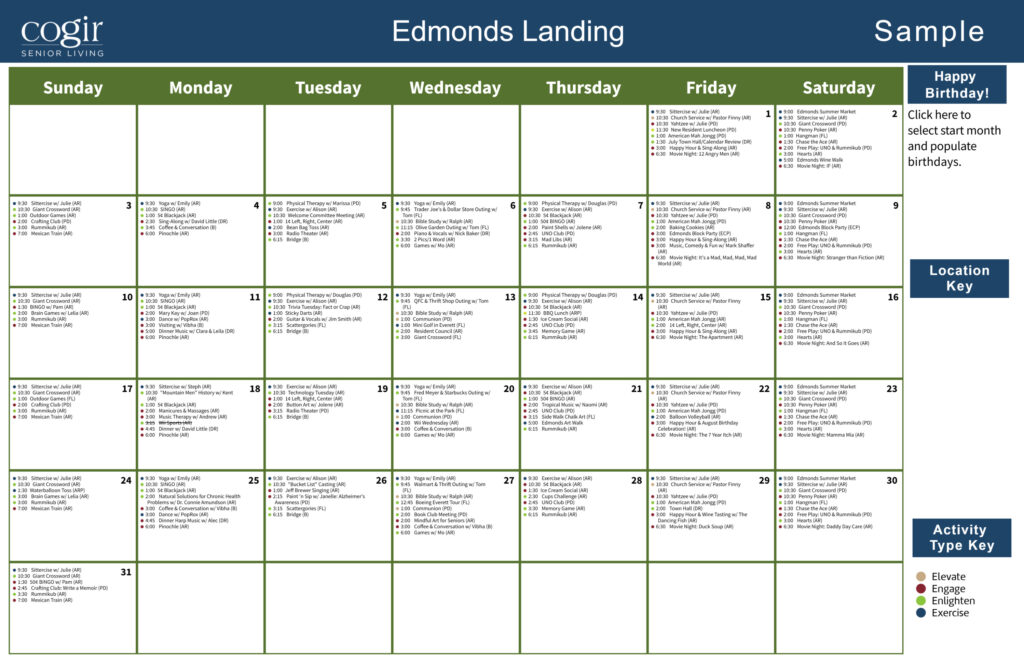 Monthly activity calendar highlighting diverse social, fitness, and recreational events for senior community engagement.