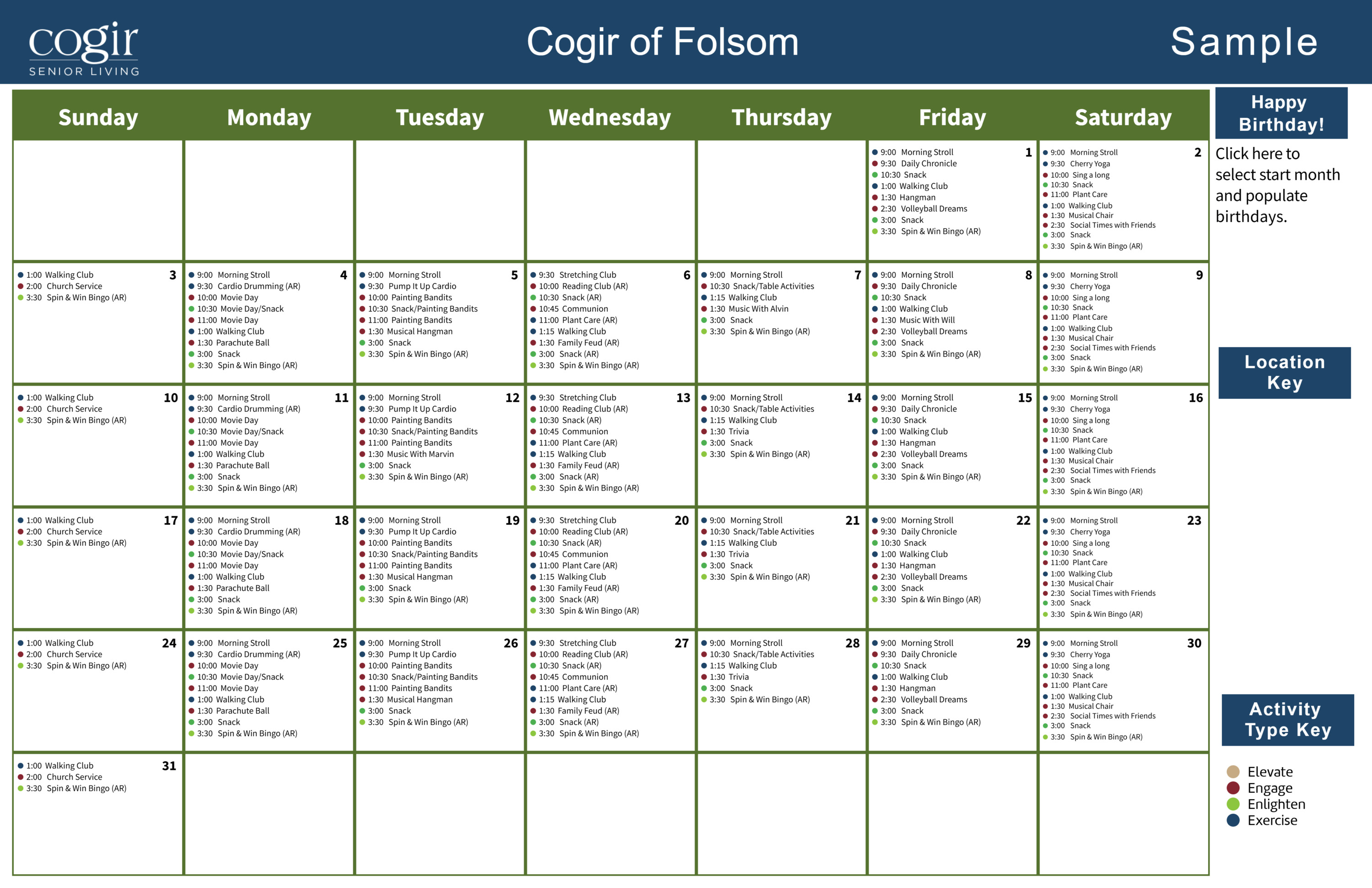Monthly activity calendar for a vibrant senior community at Cogir of Folsom with diverse daily events.