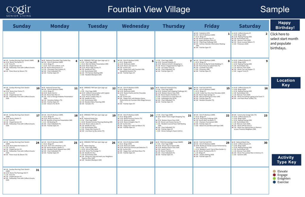 Senior living activity calendar highlighting diverse wellness, social, and educational events.
