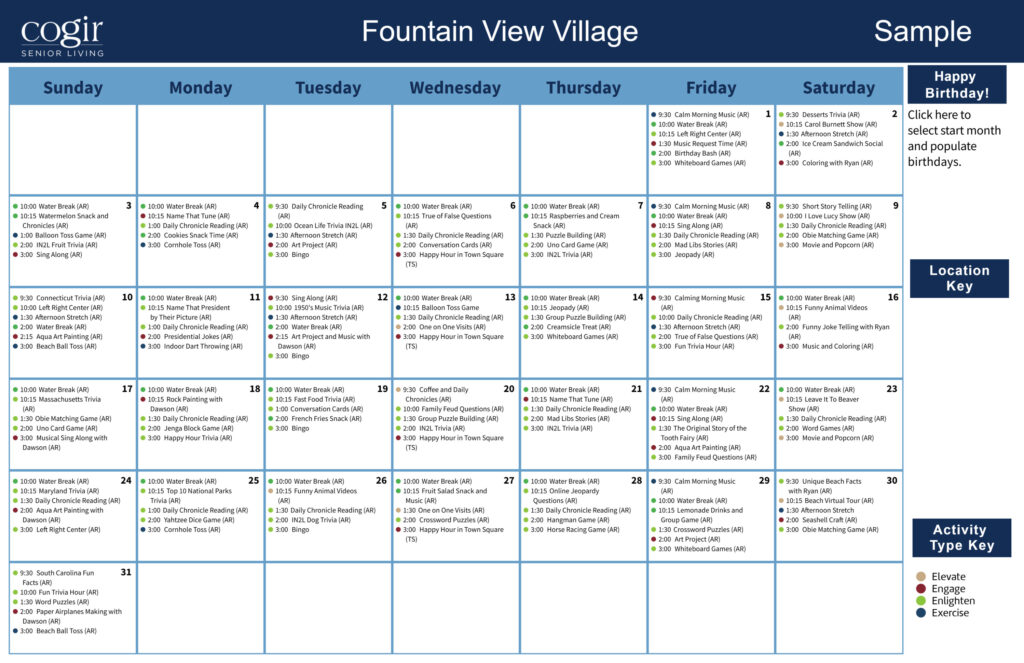 Monthly calendar of engaging activities and social events for senior residents at Fountain View Village.