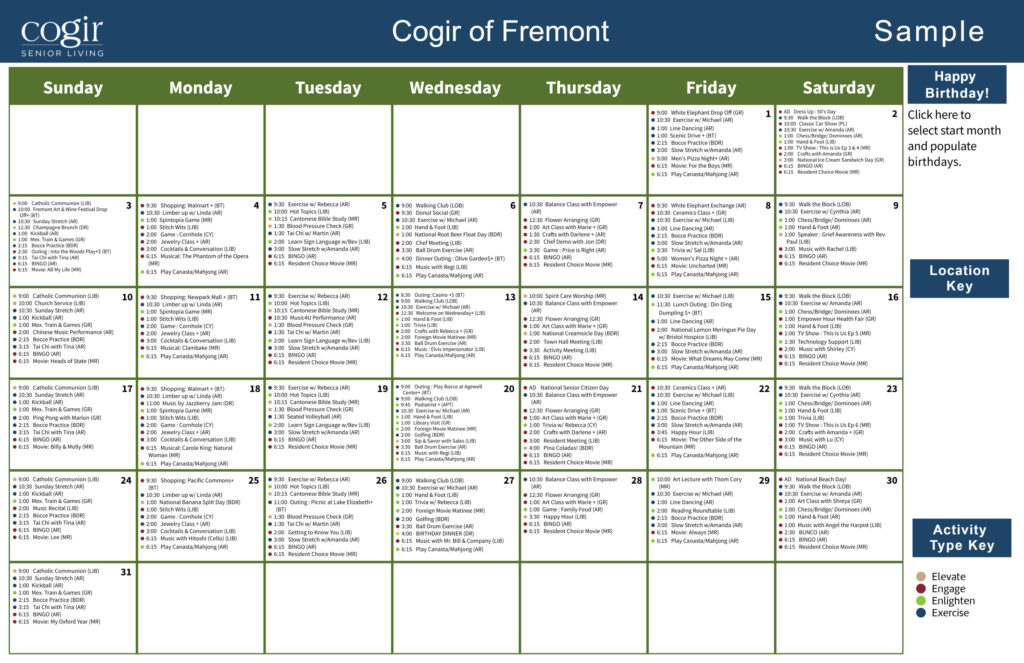 A vibrant weekly calendar filled with engaging activities for an active senior community.