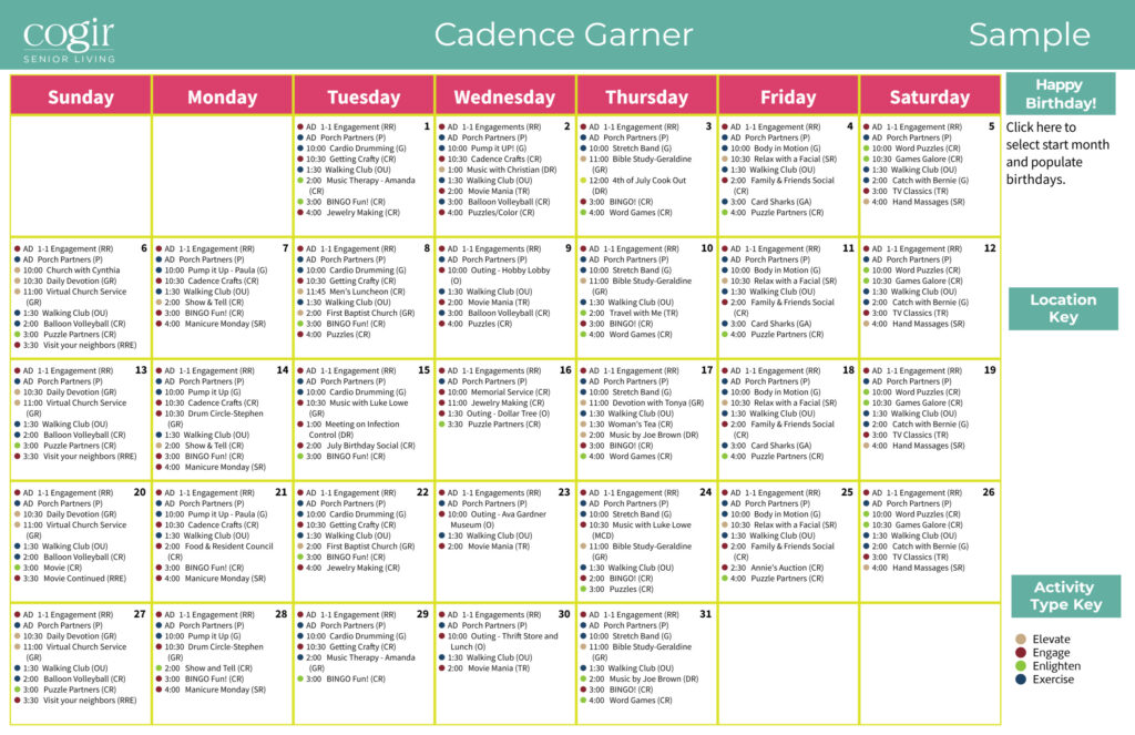 Monthly activity calendar showcasing diverse social, exercise, and creative events fostering connection.
