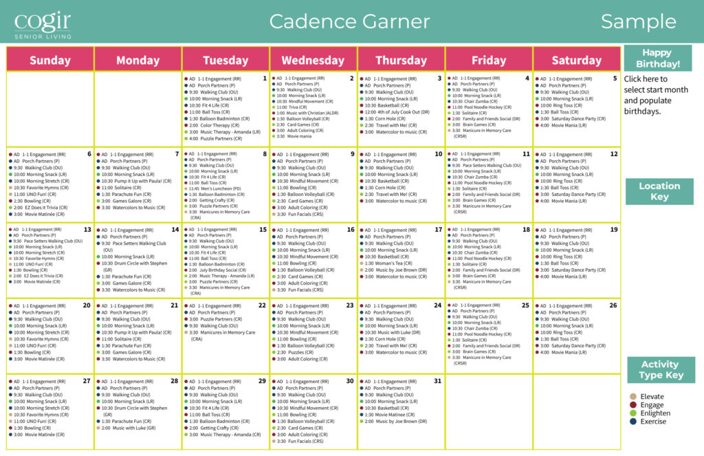 Monthly activity calendar displaying a variety of engaging events promoting community and wellness.