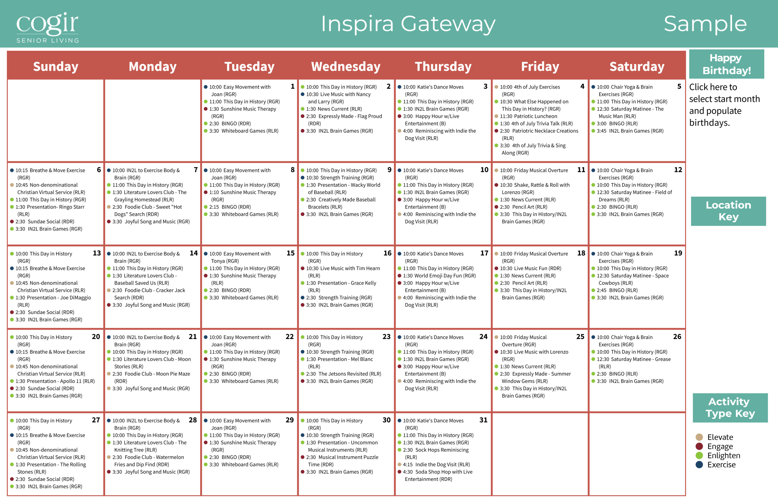 Weekly activity calendar showcasing diverse, engaging programs promoting connection and well-being