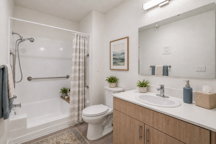 Bathroom with accessible features, warm lighting, and homey accents promoting comfort and care.