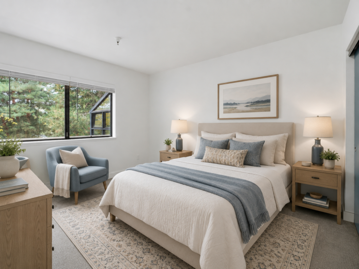 Bright and inviting bedroom with soft lighting, comfortable seating, and calming nature views.