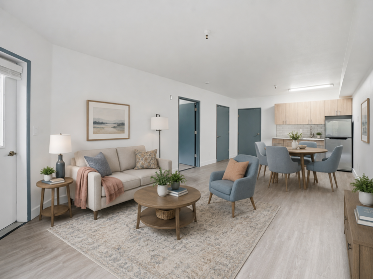 Bright and inviting living and dining area with comfortable seating and natural accents for community living.
