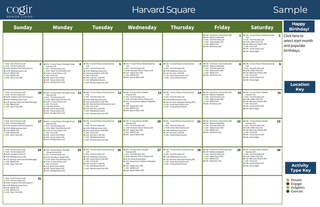 Monthly activity calendar showcasing diverse, engaging programs for a vibrant senior community.