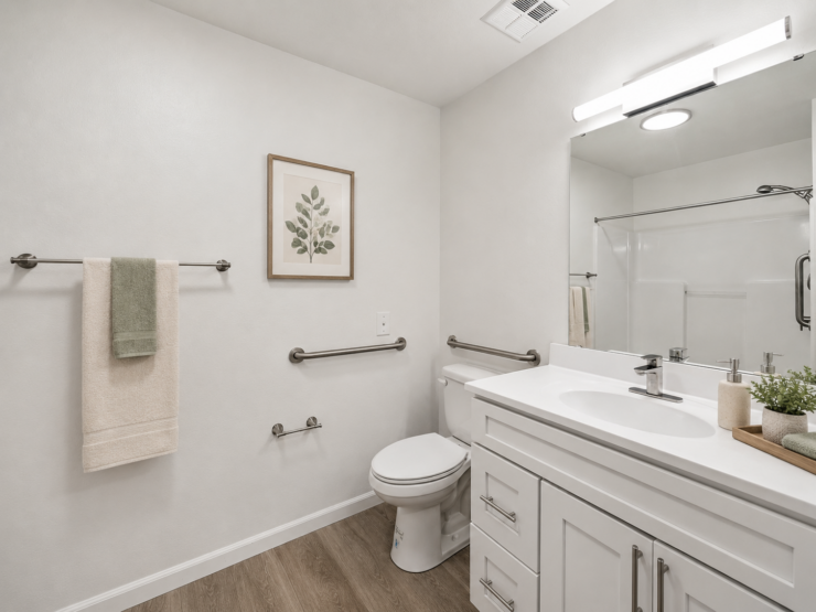 Bright and accessible bathroom with safety rails, clean design, and warm wood-like flooring.