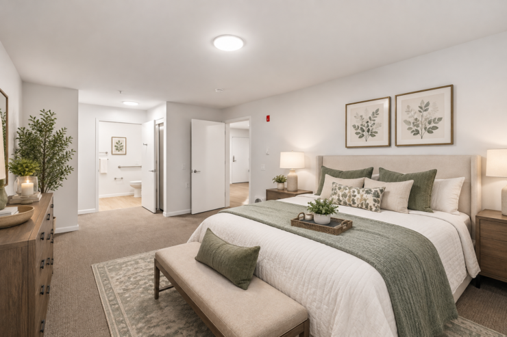 Bright and inviting bedroom with calming green accents, thoughtful decor, and accessible bathroom nearby.