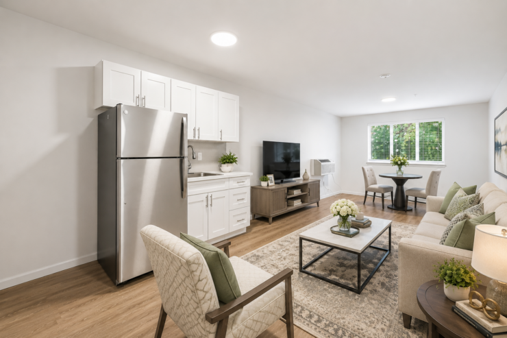 Bright and inviting living space with comfortable seating, dining area, and modern kitchen amenities.