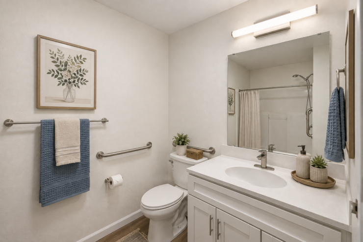 Bright bathroom with safety rails, soft towels, and gentle decor for comfortable living.