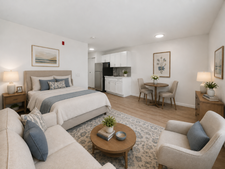 Bright and inviting retirement suite with comfortable seating, dining area, and modern kitchenette.
