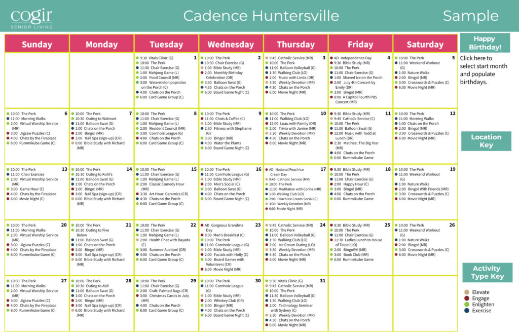 Weekly activity calendar showcasing diverse programs that foster friendship, wellness, and engagement.