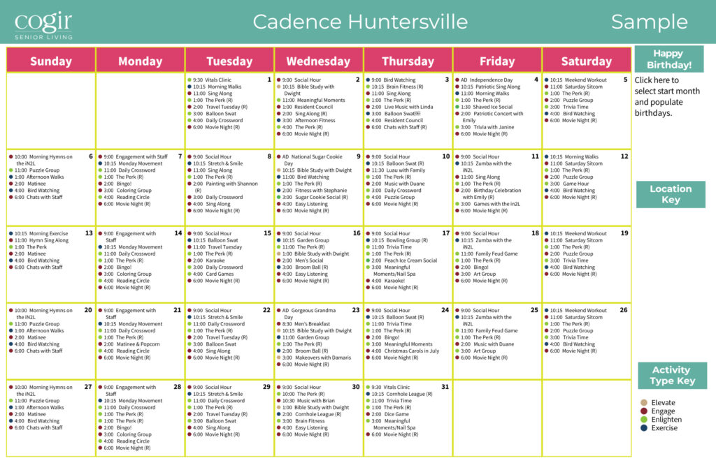 Monthly activity calendar showcasing diverse wellness, social, and creative events for vibrant senior living.