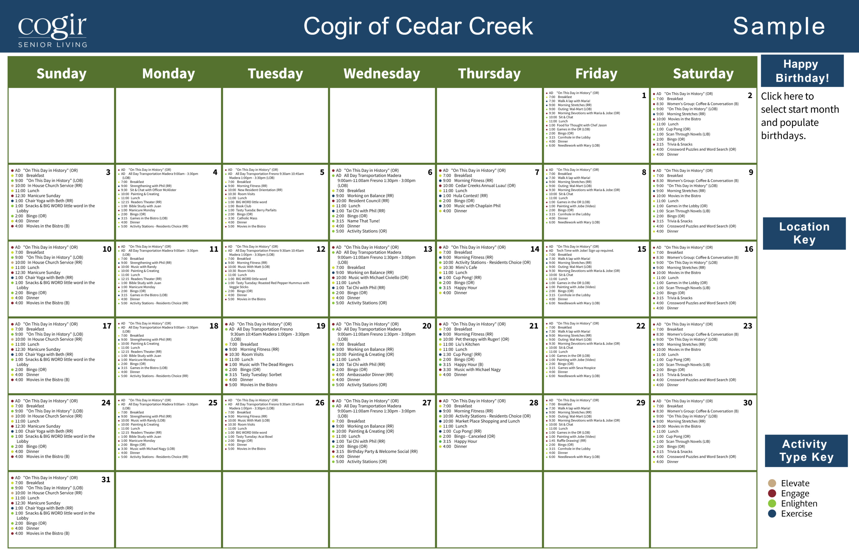 Monthly activity calendar for seniors featuring diverse programs promoting wellness and social engagement.