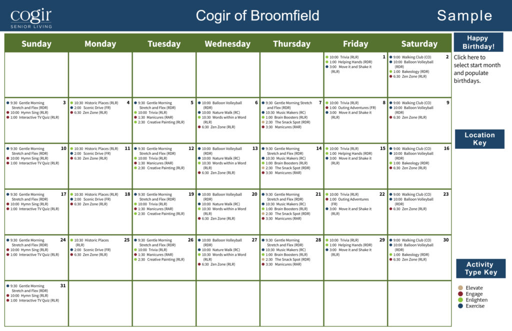 Activity calendar showing a vibrant schedule of social, exercise, and creative events for seniors.